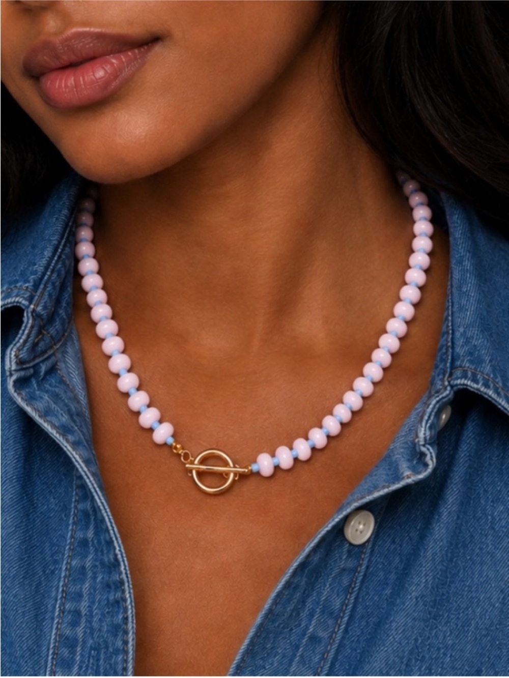 NEW • Preppy Coastal Pink Blue Beaded Dopamine Toggle Necklace